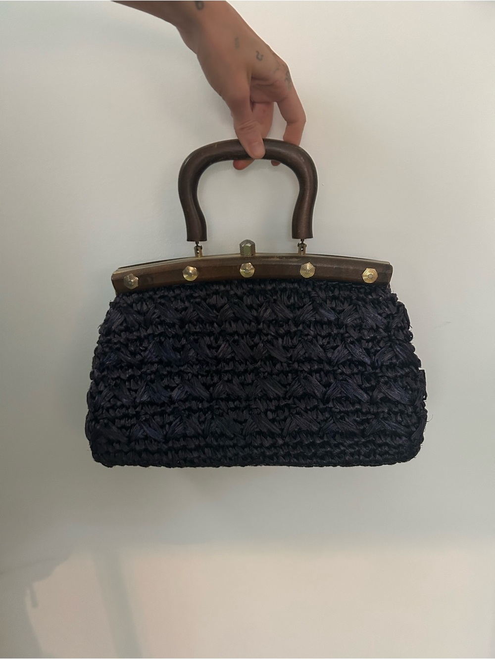 Vintage 1960s Raffia/Wooden Handbag